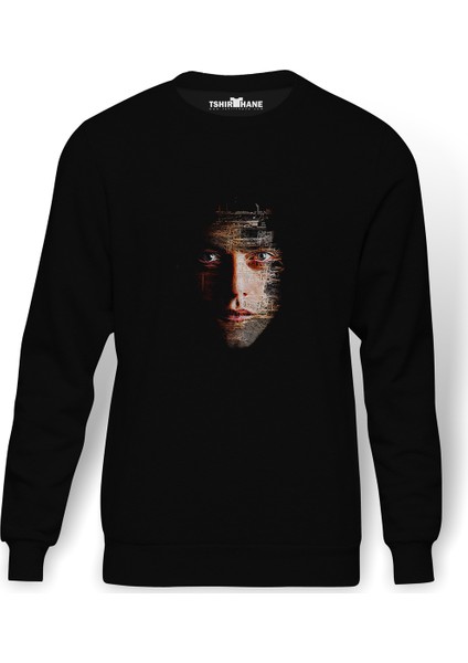 Mr Robot 2 Baskılı Siyah Erkek Örme Sweatshirt Uzun Kol