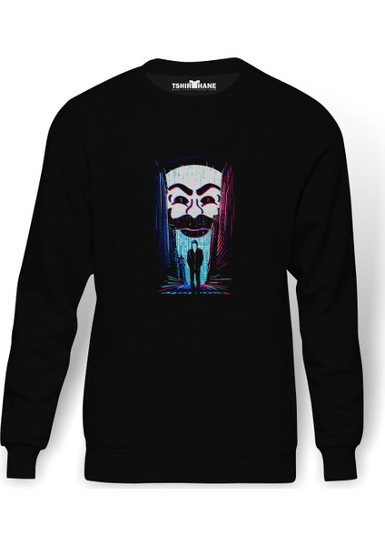 Mr Robot Baskılı Siyah Erkek Örme Sweatshirt Uzun Kol