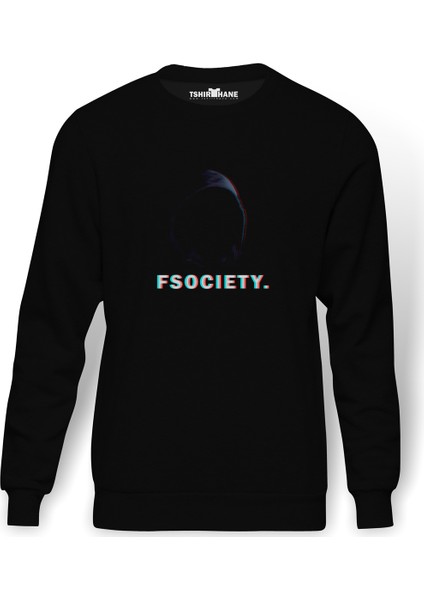 Mr Robot Logo Fsocietymr Robot Baskılı Siyah Erkek Örme Sweatshirt Uzun Kol