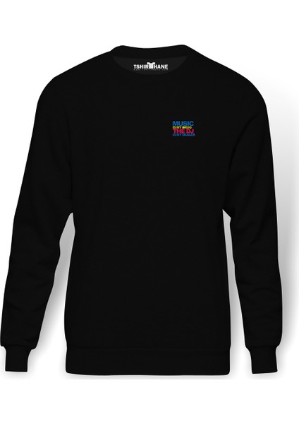 Music Is My Drug Culunak Bu Baskılı Siyah Erkek Örme Sweatshirt Uzun Kol