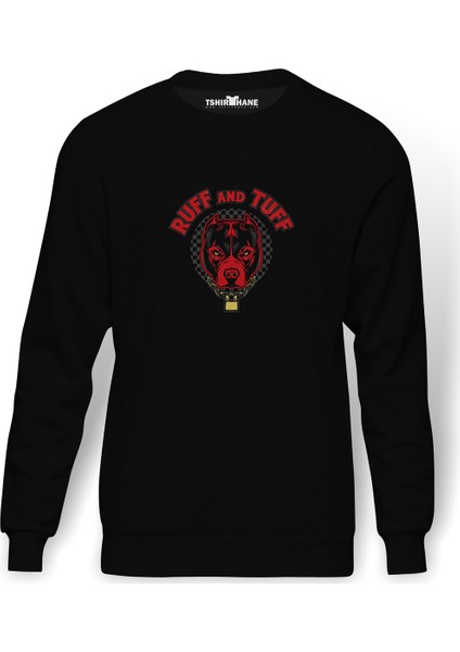 Pitbull Amblemi Ruff And Tuff Baskılı Siyah Erkek Örme Sweatshirt Uzun Kol