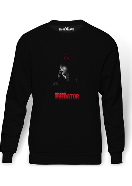 Predator Fear Is Reborn Baskılı Siyah Erkek Örme Sweatshirt Uzun Kol