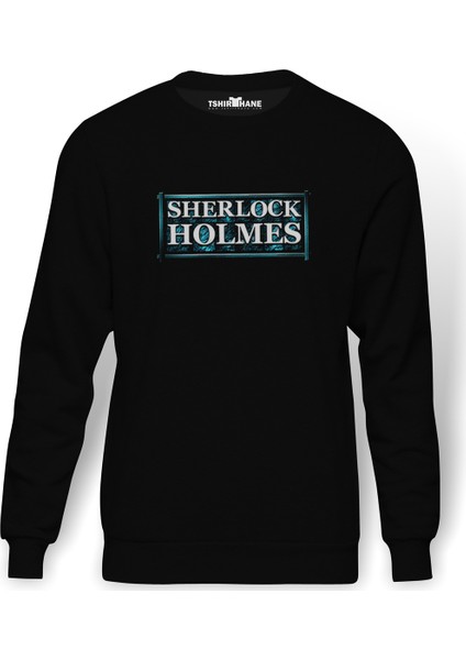Sherlock Holmes 2 Baskılı Siyah Erkek Örme Sweatshirt Uzun Kol
