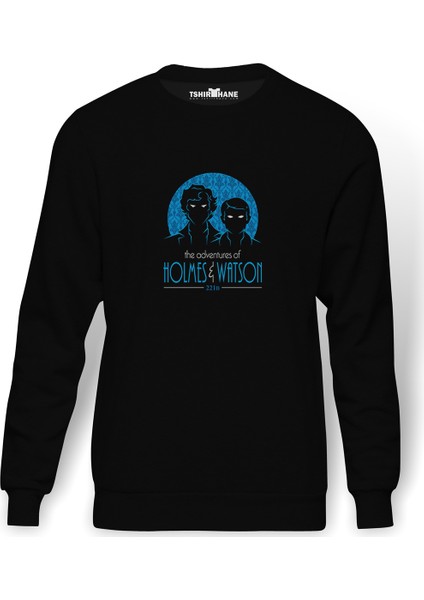 Sherlock Holmes Baskılı Siyah Erkek Örme Sweatshirt Uzun Kol