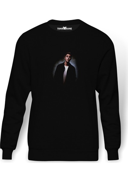 Skrillex And Justin Bieber Baskılı Siyah Erkek Örme Sweatshirt Uzun Kol