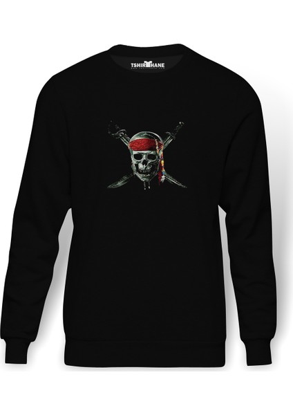 Skull V Baskılı Siyah Erkek Örme Sweatshirt Uzun Kol