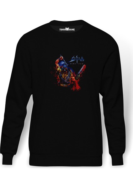 Sodom Code Red Baskılı Siyah Erkek Örme Sweatshirt Uzun Kol
