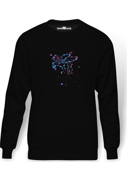 Space Unicorn 2 Baskılı Siyah Erkek Örme Sweatshirt Uzun Kol