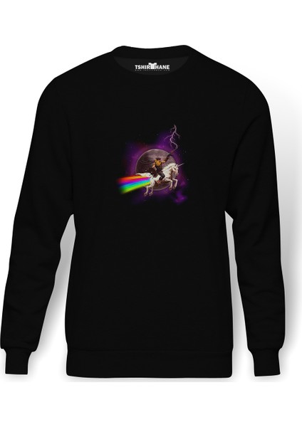 Space Unicorn Baskılı Siyah Erkek Örme Sweatshirt Uzun Kol