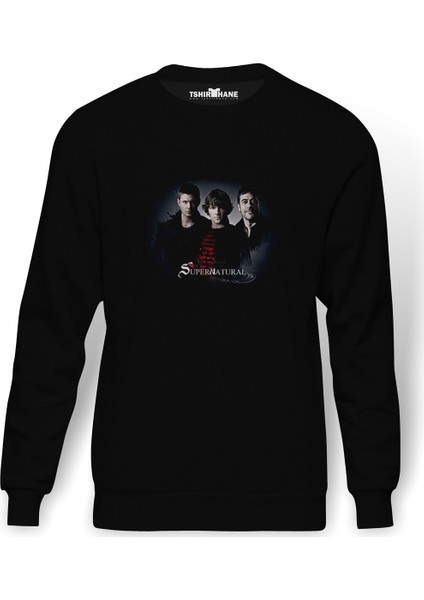 Supernatural Bybroge Baskılı Siyah Erkek Örme Sweatshirt Uzun Kol