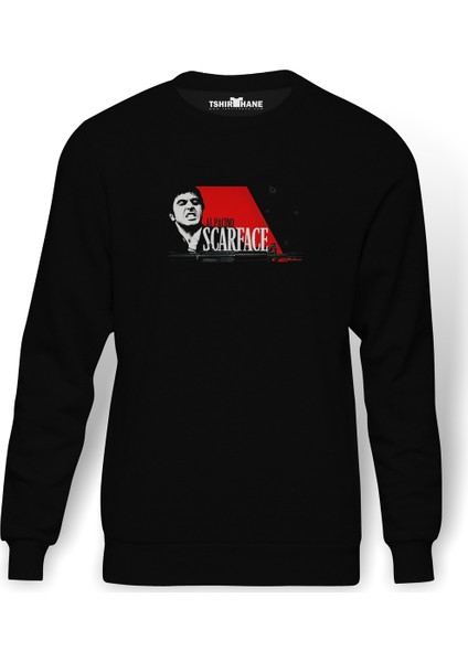 Supreme Alpacıno Scarface Baskılı Siyah Erkek Örme Sweatshirt Uzun Kol