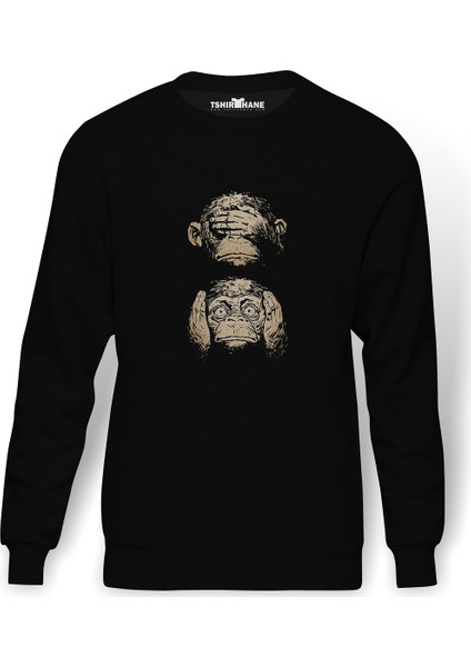 Three Monkeys 3 Monkeys Baskılı Siyah Erkek Örme Sweatshirt Uzun Kol