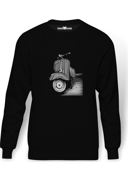 Tumblr Vespa Baskılı Siyah Erkek Örme Sweatshirt Uzun Kol