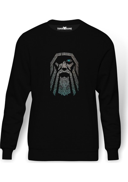 Vikings Odin Baskılı Siyah Erkek Örme Sweatshirt Uzun Kol