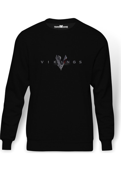 Vikings Baskılı Siyah Erkek Örme Sweatshirt Uzun Kol