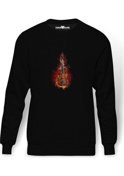 Violin Fire 4K Dark Gitar Music Baskılı Siyah Erkek Örme Sweatshirt Uzun Kol