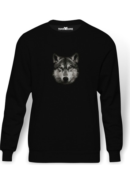 Wolf Kurt Baskılı Siyah Erkek Örme Sweatshirt Uzun Kol