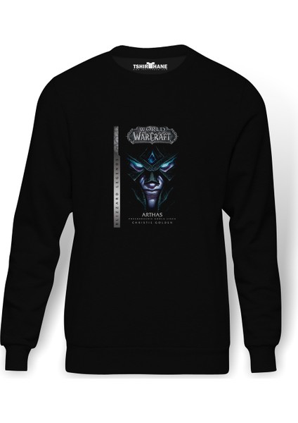 World Warcraft Arthas Baskılı Siyah Erkek Örme Sweatshirt Uzun Kol
