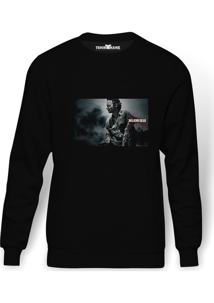 The Walking Dead Collection Baskılı Siyah Erkek Örme Sweatshirt Uzun Kol