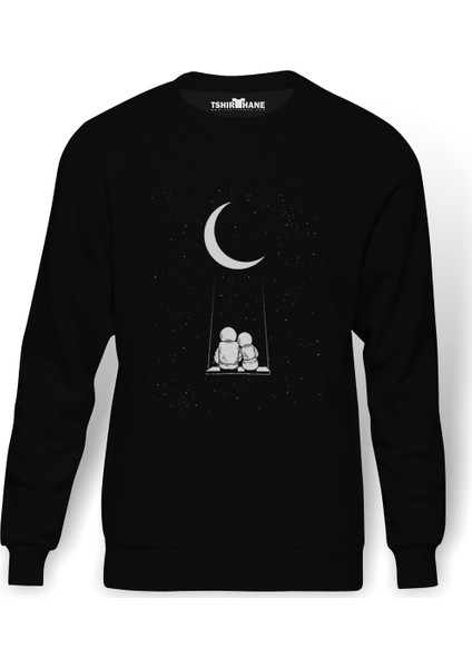 Astronaut Girl And Boy Sits On Baskılı Siyah Erkek Örme Sweatshirt Uzun Kol