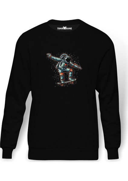 Astronaut Skateboarding By Plastic Ghost On Baskılı Siyah Erkek Örme Sweatshirt Uzun Kol