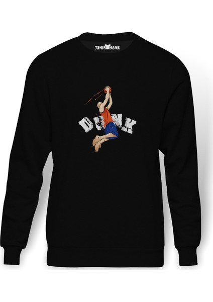 Basketball Slam Dunk Basketball Slam Dunk Baskılı Siyah Erkek Örme Sweatshirt Uzun Kol