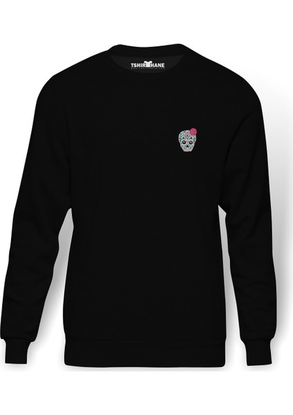 Cool Skull Rose Baskılı Siyah Erkek Örme Sweatshirt Uzun Kol