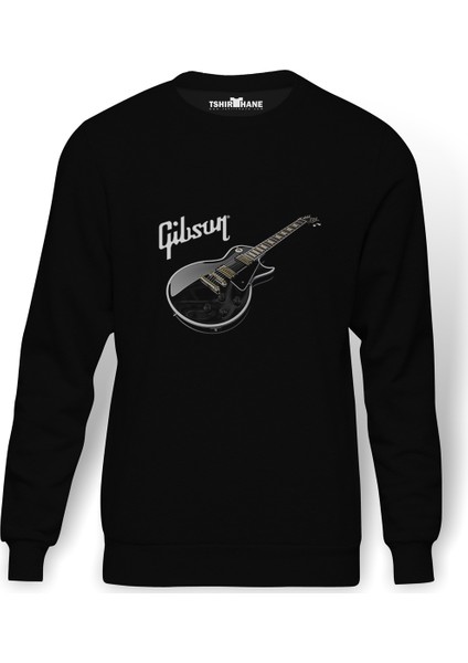 Gibson Les Paul Slash Metal Rock Baskılı Siyah Erkek Örme Sweatshirt Uzun Kol