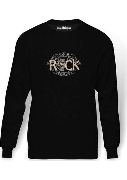 Good Old Rock Never Dies Rockn Baskılı Siyah Erkek Örme Sweatshirt Uzun Kol