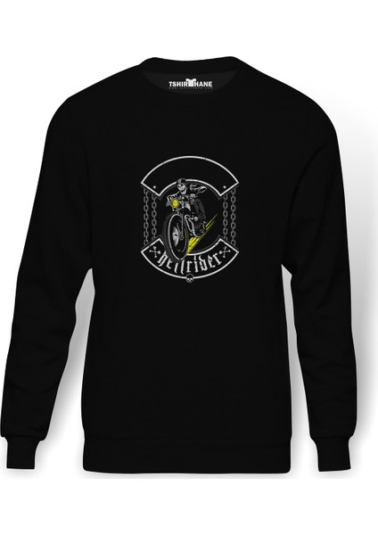 Hand Drawing Of Skull Riding Vintage Baskılı Siyah Erkek Örme Sweatshirt Uzun Kol