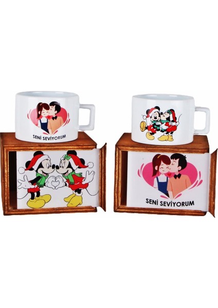 Mickey Mouse Minnie Mouse Yılbaşı Tasarımlı Seni Seviyorum Ahşap Kutulu Kupa Yılbaşı Hediyesi
