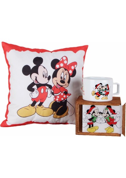 Mickey Mouse Minnie Mouse Puf Yastık Mickey Minnie Ahşap Kutulu Kupa Yılbaşı Hediyesi