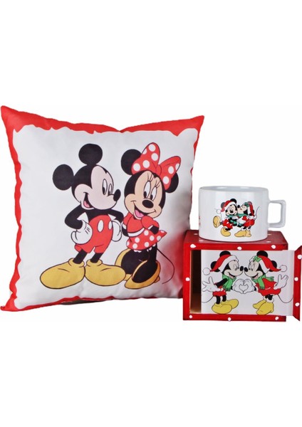 Mickey Mouse Minnie Mouse Ahşap Kutulu Kupa Mickey Minnie Puf Yastık Yılbaşı Hediye Seti