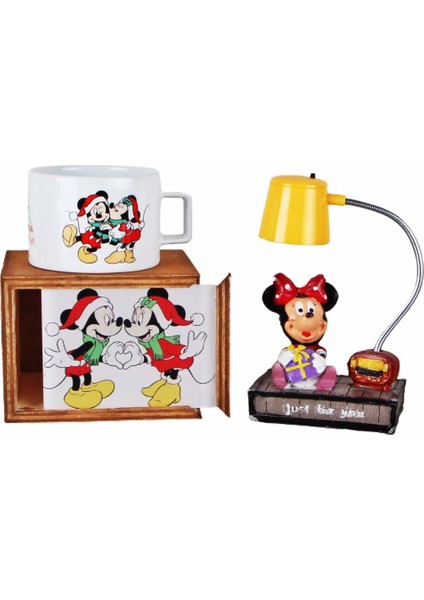 Mickey Mouse Minnie Mouse Ahşap Kutulu Kupa Minnie Işıklı Biblo Masa Lambası Yılbaşı Hediye Seti