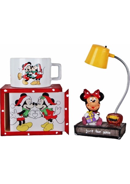 Mickey Mouse Minnie Mouse Kutulu Kupa Minnie Işıklı Biblo Masa Lambası Yılbaşı Hediye Seti
