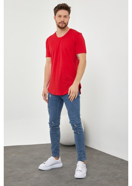 Erkek Kırmızı Pis Yaka Salaş T-SHIRT-TCPS001R57S