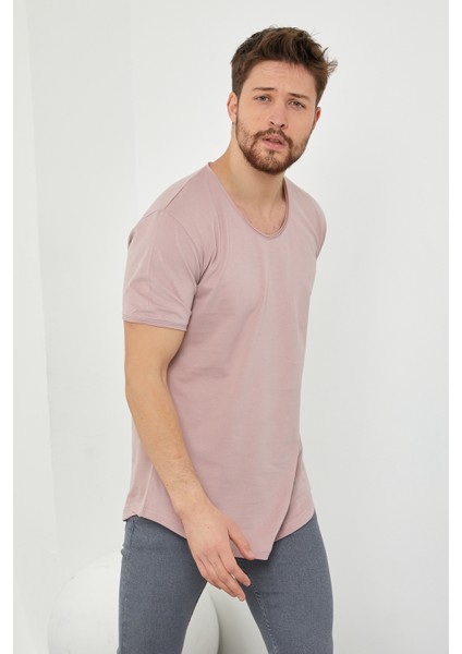 Erkek Koyu Pudra Pis Yaka Salaş T-SHIRT-TCPS001R58S