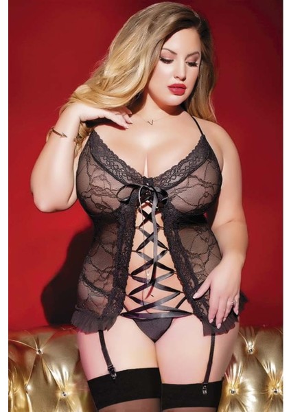 Fantezi Seksi Dantelli Transparan Jartiyer Takım Büyük Beden Siyah