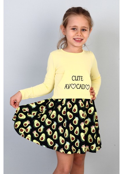 Kız Çocuk Cute Avocado Naskışlı Eteği Desenli Elbise