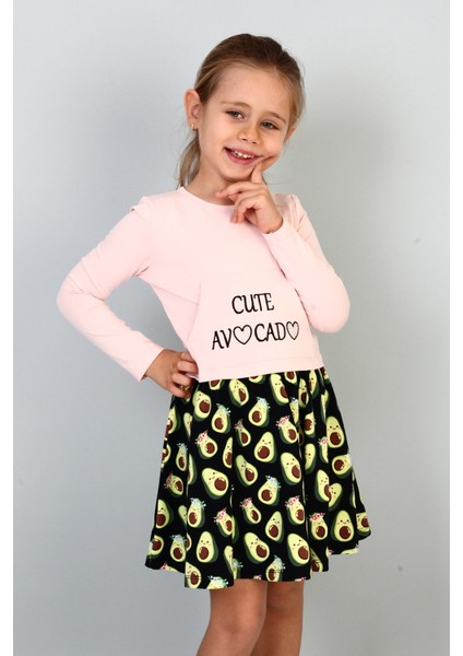 Kız Çocuk Cute Avocado Naskışlı Eteği Desenli Elbise