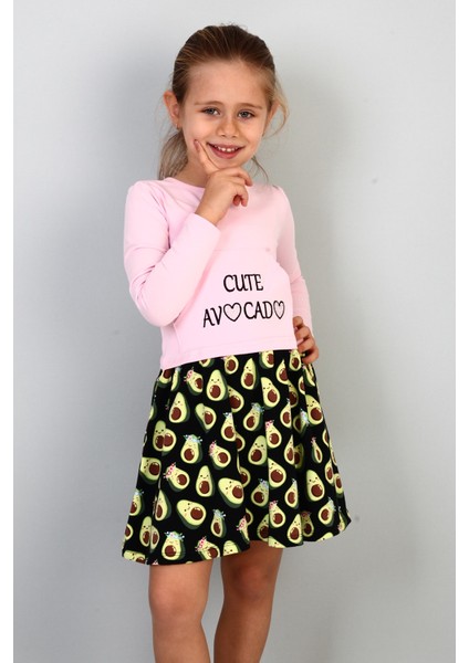 Kız Çocuk Cute Avocado Naskışlı Eteği Desenli Elbise
