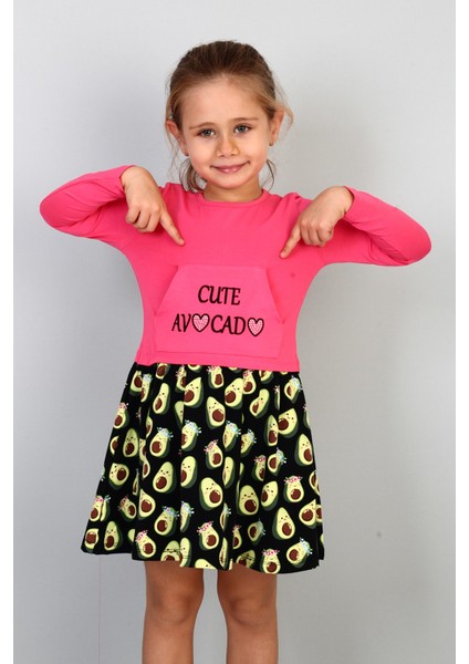 Kız Çocuk Cute Avocado Naskışlı Eteği Desenli Elbise