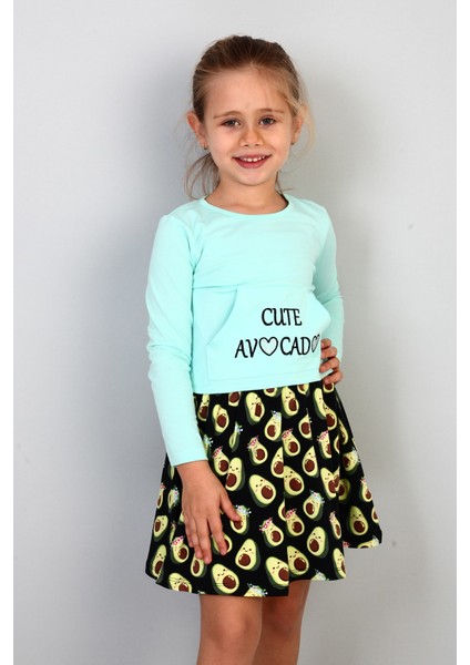 Kız Çocuk Cute Avocado Naskışlı Eteği Desenli Elbise