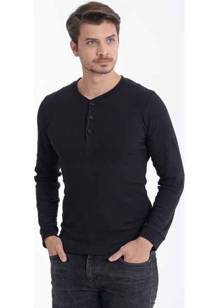 Düğmeli Kaşkorse Uzun Kollu T-Shirt