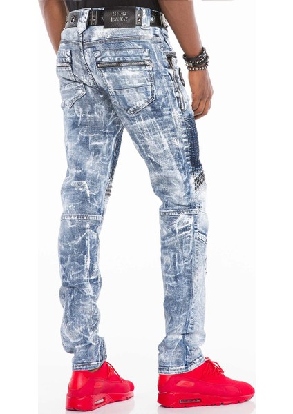 CD529 Metal Işlemeli Elle Boyanmış Mavi Erkek Jeans