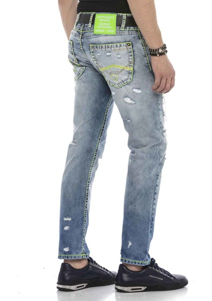 CD605 Neon Yeşil Yırtık Buz Mavisi Erkek Jeans