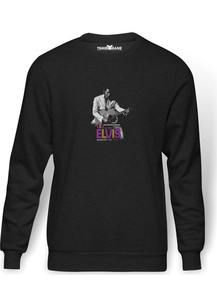 Elvis Presley The Legend Baskılı Füme Erkek Örme Sweatshirt Uzun Kol