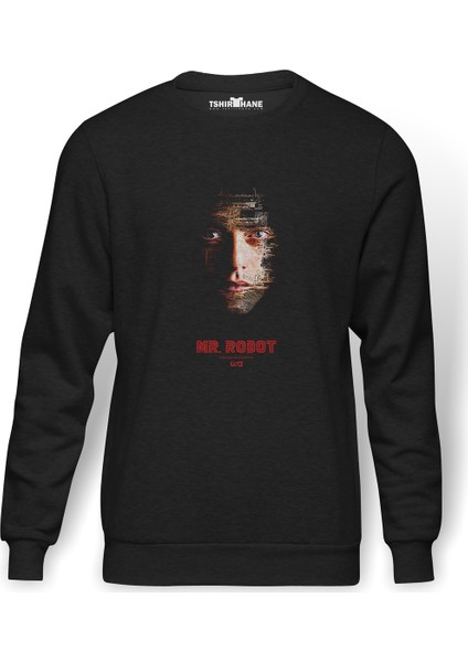 Mr Robot Baskılı Füme Erkek Örme Sweatshirt Uzun Kol