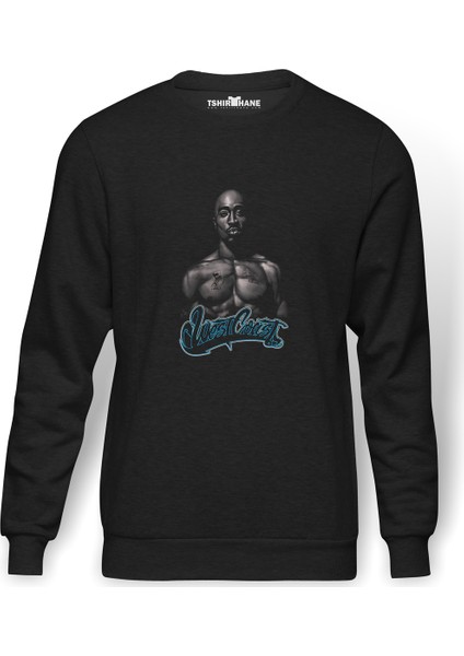 2pac West Coast Baskılı Füme Erkek Örme Sweatshirt Uzun Kol