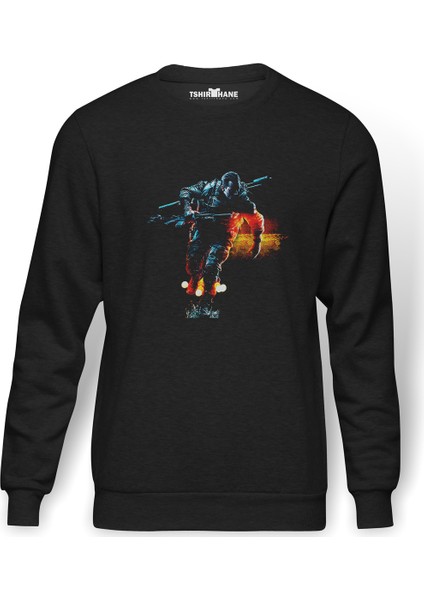 4 Savaş Alanı 3 Savaş Alanı Baskılı Füme Erkek Örme Sweatshirt Uzun Kol